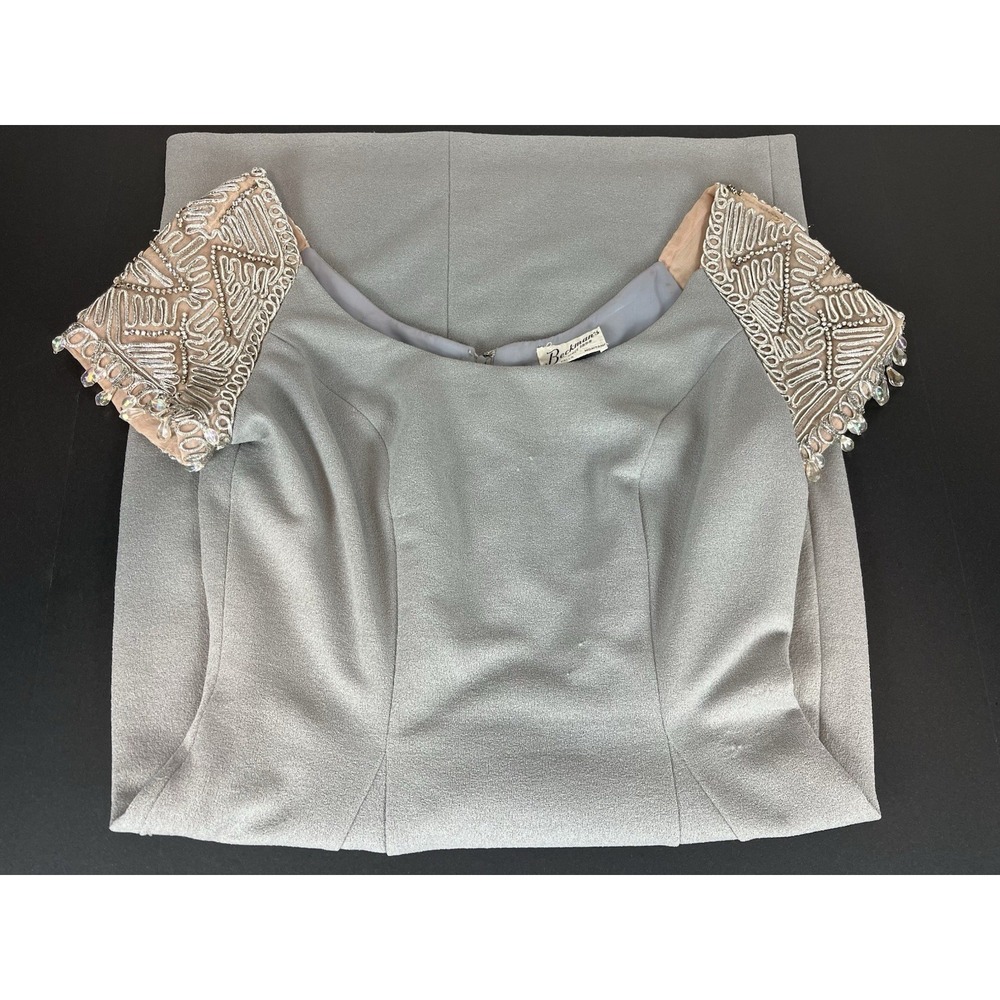 1950s Beckman's Gray‎ Sheath Cocktail Dress Intricate Beaded Sleeves Sz M
